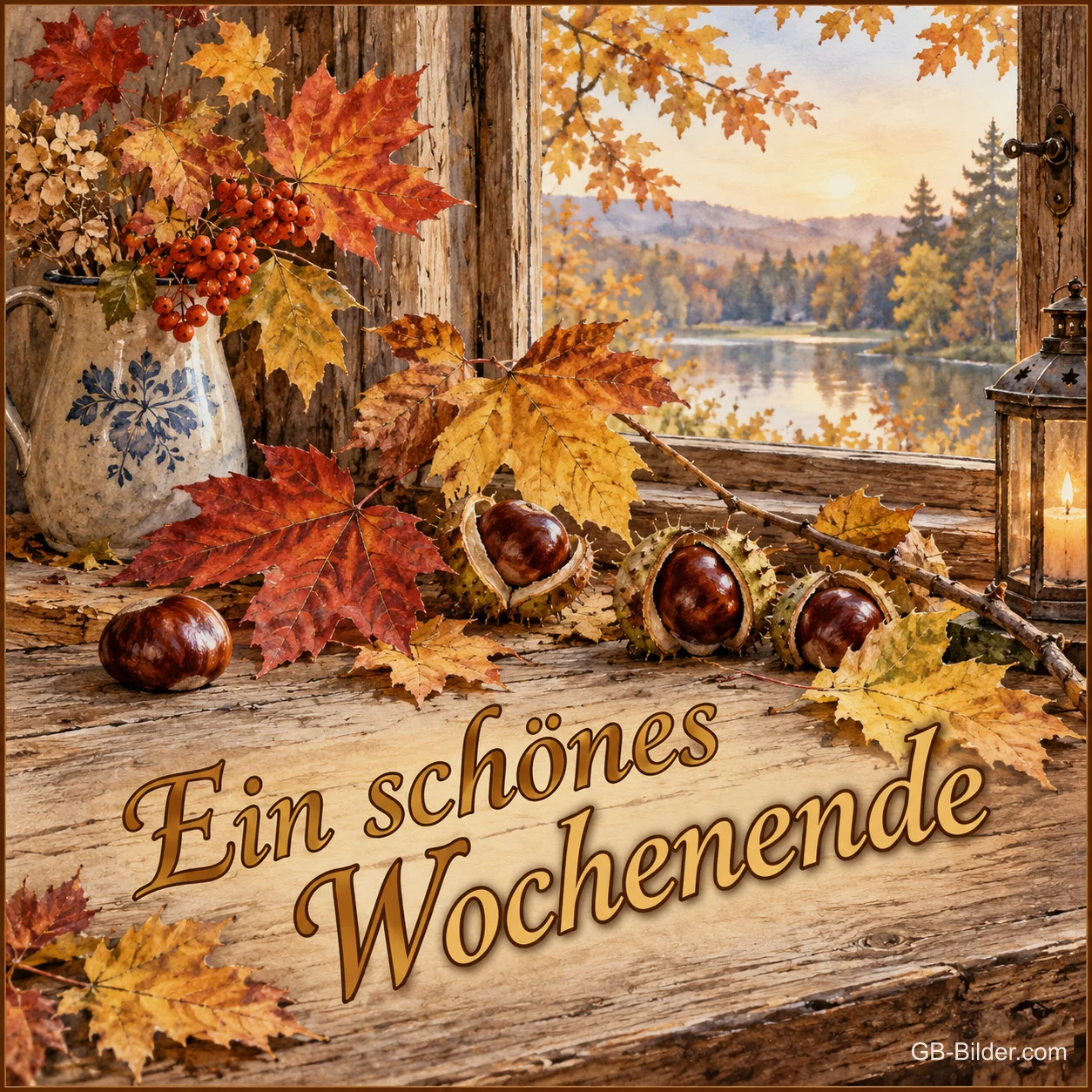 Herbstlaub, Kastanien und Laterne am Fenster, Text: Ein schönes Wochenende Herbstlaub, Kastanien und Laterne am Fenster, Text: Ein schönes Wochenende