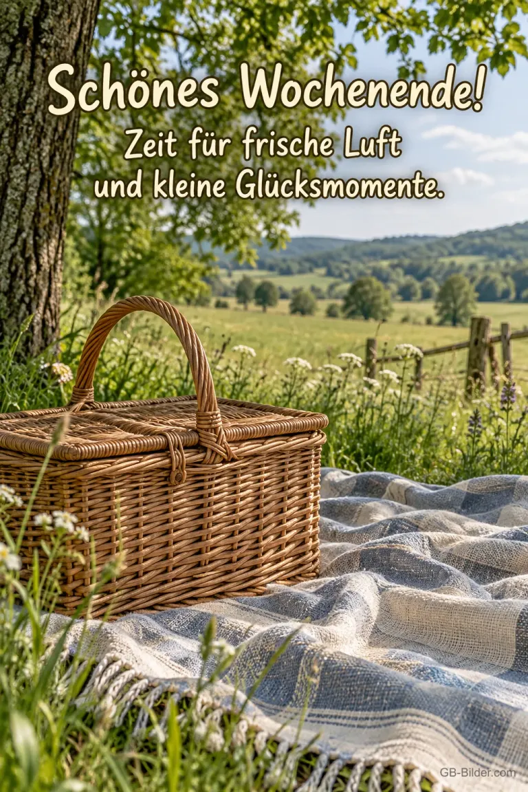 Picknickkorb in der Wiese, Text: Schönes Wochenende