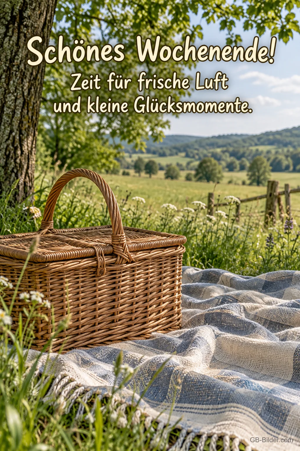 Picknickkorb in der Wiese, Text: Schönes Wochenende