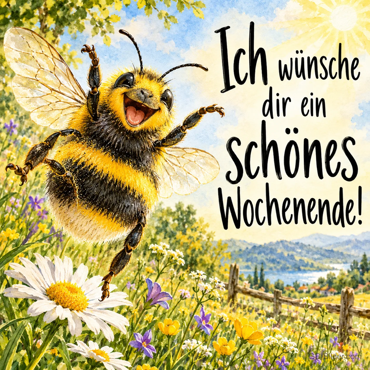 Lachende Hummel fliegt über eine Blumenwiese mit Margeriten, Text: Ich wünsche dir ein schönes Wochenende!