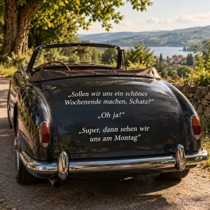 Schwarzes Oldtimer-Cabrio auf einem Landweg, Text: „Sollen wir uns ein schönes Wochenende machen, Schatz?“ „Oh ja!“ „Super, dann sehen wir uns am Montag“
