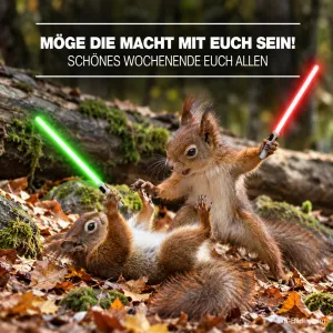 Zwei Eichhörnchen balgen sich mit grünem und rotem Leuchtschwert im Herbstlaub, Text: MÖGE DIE MACHT MIT EUCH SEIN! SCHÖNES WOCHENENDE EUCH ALLEN