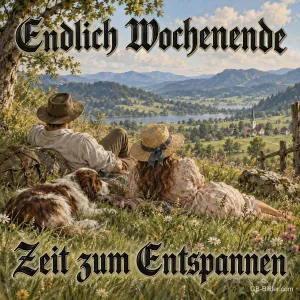 Paar liegt mit Hund auf einer Wiese über einem Tal, Text: Endlich Wochenende – Zeit zum Entspannen