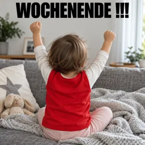 Kleinkind reißt die Arme hoch auf dem Sofa, Text: WOCHENENDE !!!