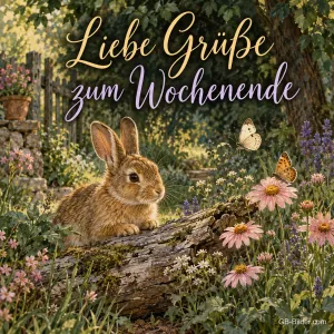 Hase sitzt hinter einem Baumstamm zwischen Blumen und Schmetterlingen, Text: Liebe Grüße zum Wochenende