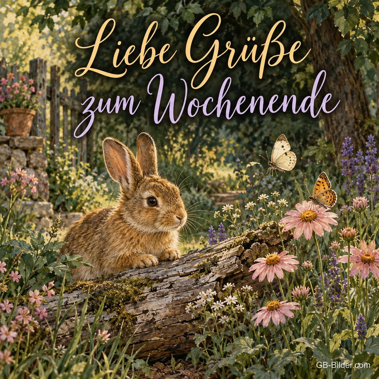 Hase sitzt hinter einem Baumstamm zwischen Blumen und Schmetterlingen, Text: Liebe Grüße zum Wochenende