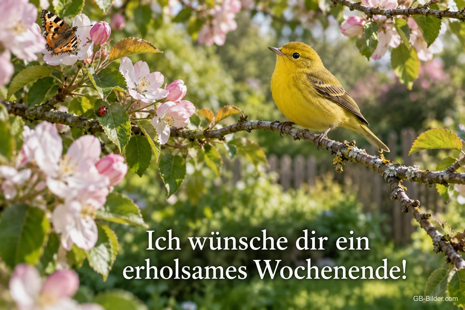 Gelber Laubsänger auf einem blühenden Apfelzweig, Text: Ich wünsche dir ein erholsames Wochenende!