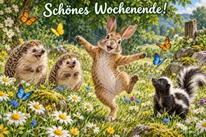 Hase, zwei Igel und ein Stinktier tanzen auf einer Blumenwiese mit Schmetterlingen, Text: Schönes Wochenende!