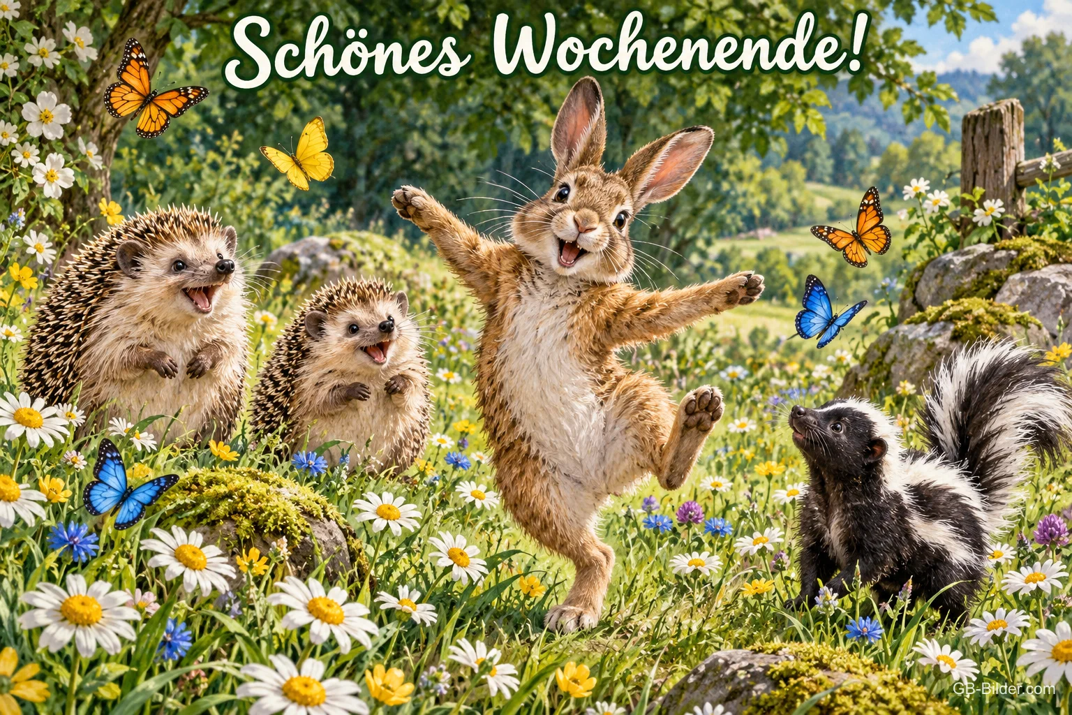 Hase, zwei Igel und ein Stinktier tanzen auf einer Blumenwiese mit Schmetterlingen, Text: Schönes Wochenende!