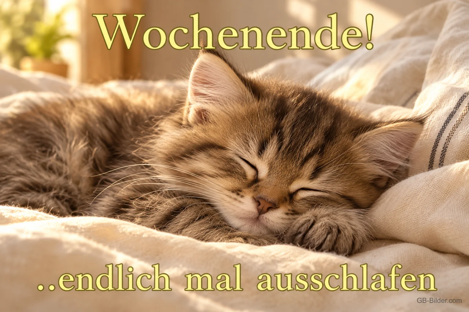 Getigertes Kätzchen schläft auf einer weichen Decke, Text: Wochenende! ..endlich mal ausschlafen