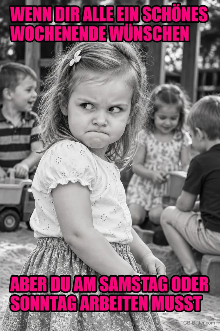 Schwarz-weißes Foto eines kleinen Mädchens, das grimmig über die Schulter schaut, Text: WENN DIR ALLE EIN SCHÖNES WOCHENENDE WÜNSCHEN ABER DU AM SAMSTAG ODER SONNTAG ARBEITEN MUSST