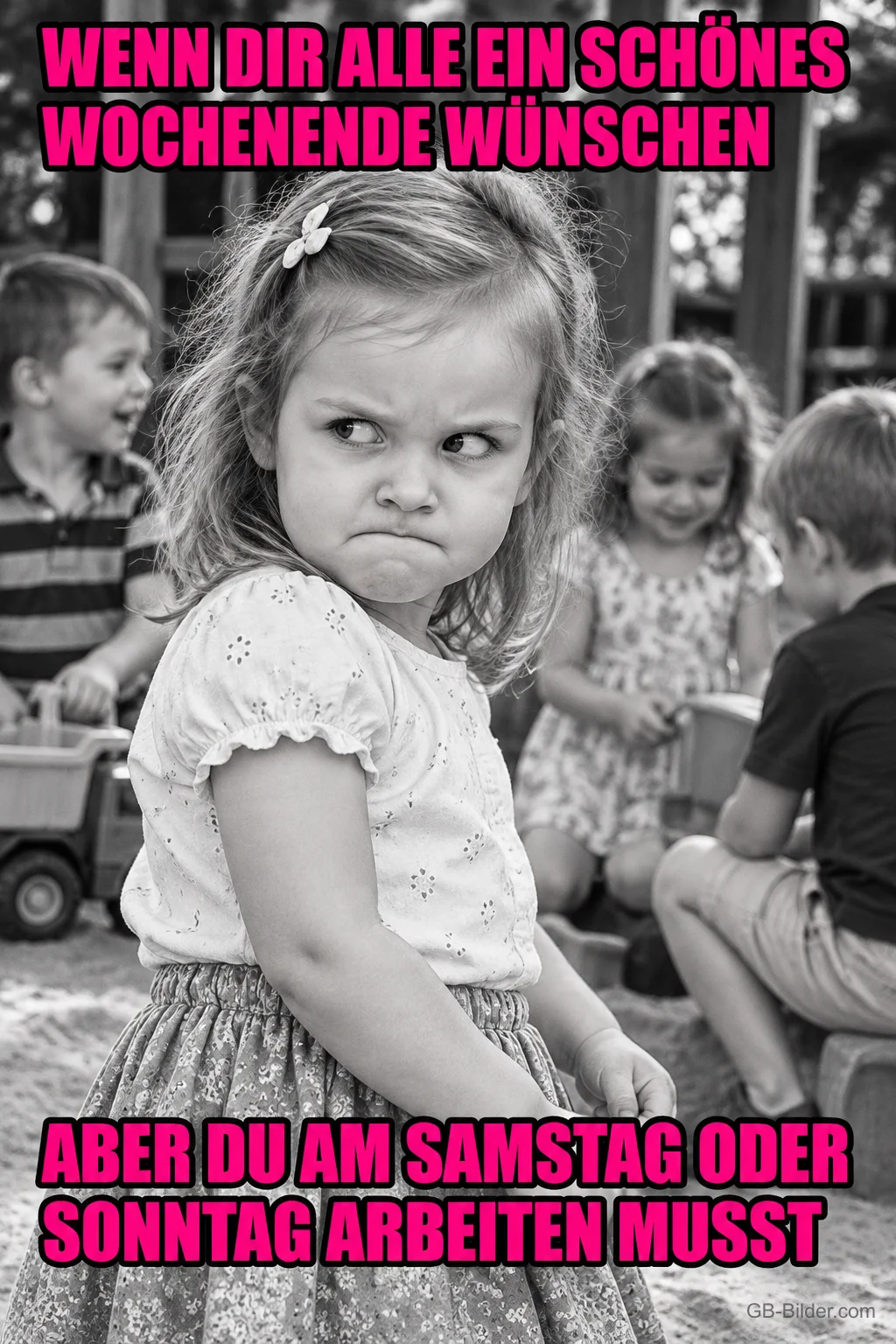 Schwarz-weißes Foto eines kleinen Mädchens, das grimmig über die Schulter schaut, Text: WENN DIR ALLE EIN SCHÖNES WOCHENENDE WÜNSCHEN ABER DU AM SAMSTAG ODER SONNTAG ARBEITEN MUSST