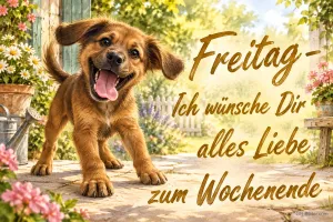 Brauner Welpe mit wehenden Ohren läuft lachend durch einen Garten, Text: Freitag – Ich wünsche Dir alles Liebe zum Wochenende