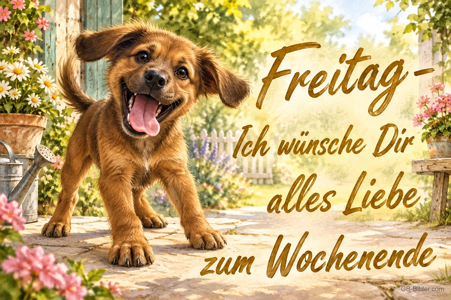 Brauner Welpe mit wehenden Ohren läuft lachend durch einen Garten, Text: Freitag – Ich wünsche Dir alles Liebe zum Wochenende