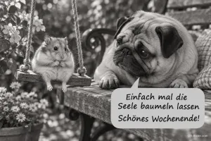 Hamster auf einer kleinen Schaukel neben einem Mops, Text: Einfach mal die Seele baumeln lassen. Schönes Wochenende!