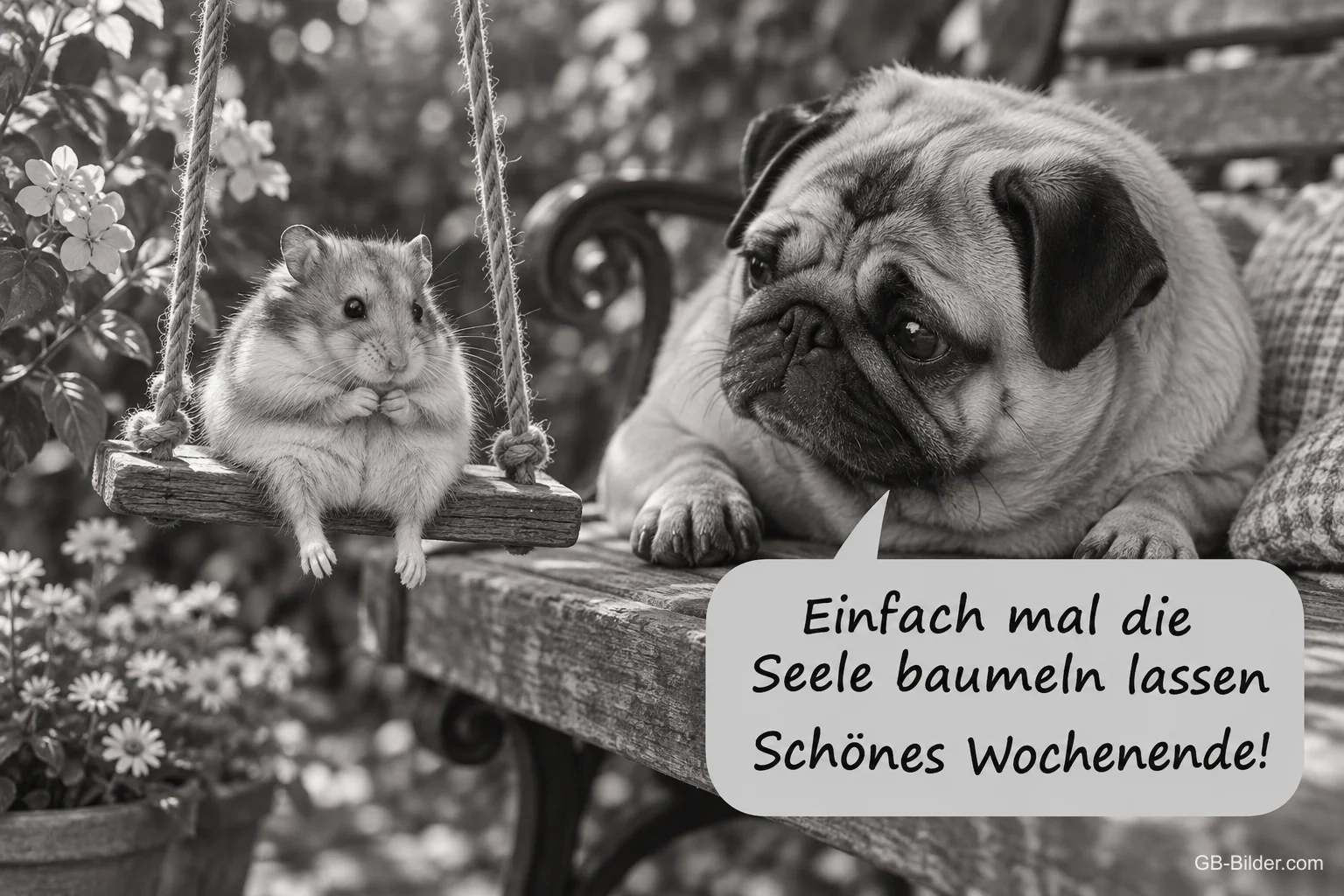Hamster auf einer kleinen Schaukel neben einem Mops, Text: Einfach mal die Seele baumeln lassen. Schönes Wochenende!