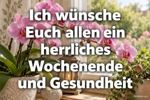 Rosa Orchideen in einem Topf am Fenster, Text: Ich wünsche Euch allen ein herrliches Wochenende und Gesundheit