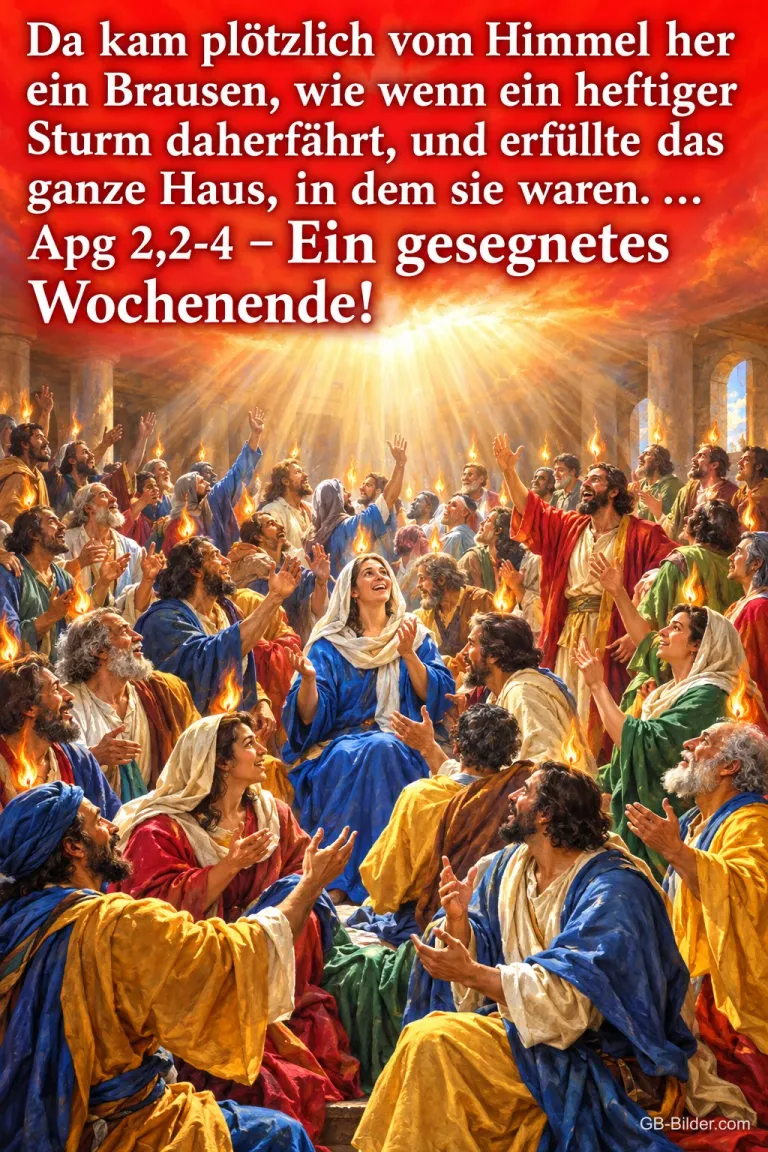 Menschen in bunten Gewändern blicken zum hellen Licht, über ihnen kleine Flammen, Text: Da kam plötzlich vom Himmel her ein Brausen, wie wenn ein heftiger Sturm daherfährt, und erfüllte das ganze Haus, in dem sie waren. … Apg 2,2-4 – Ein gesegnetes Wochenende!