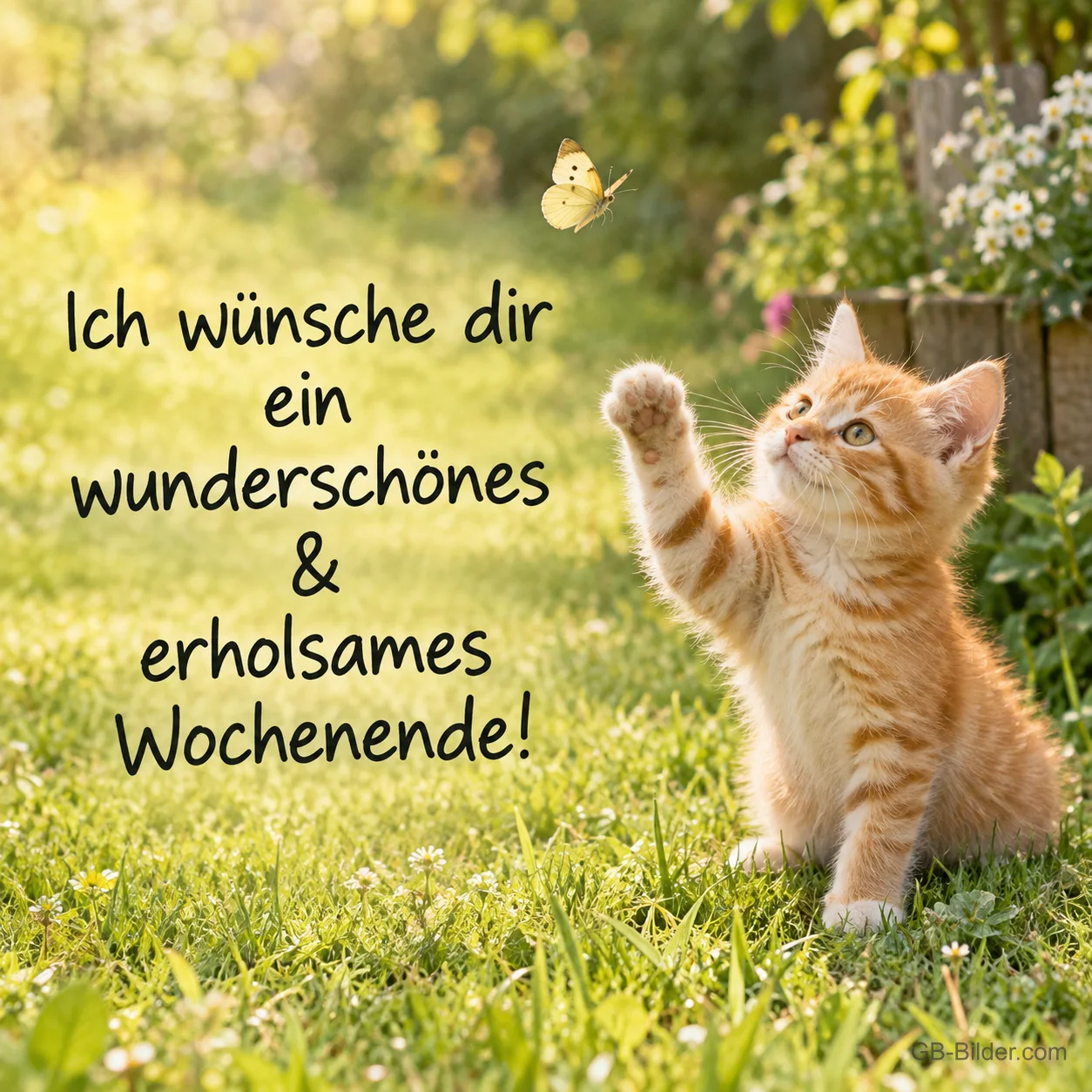 Rotes Kätzchen hascht nach einem Schmetterling im Gras, Text: Ich wünsche dir ein wunderschönes & erholsames Wochenende!