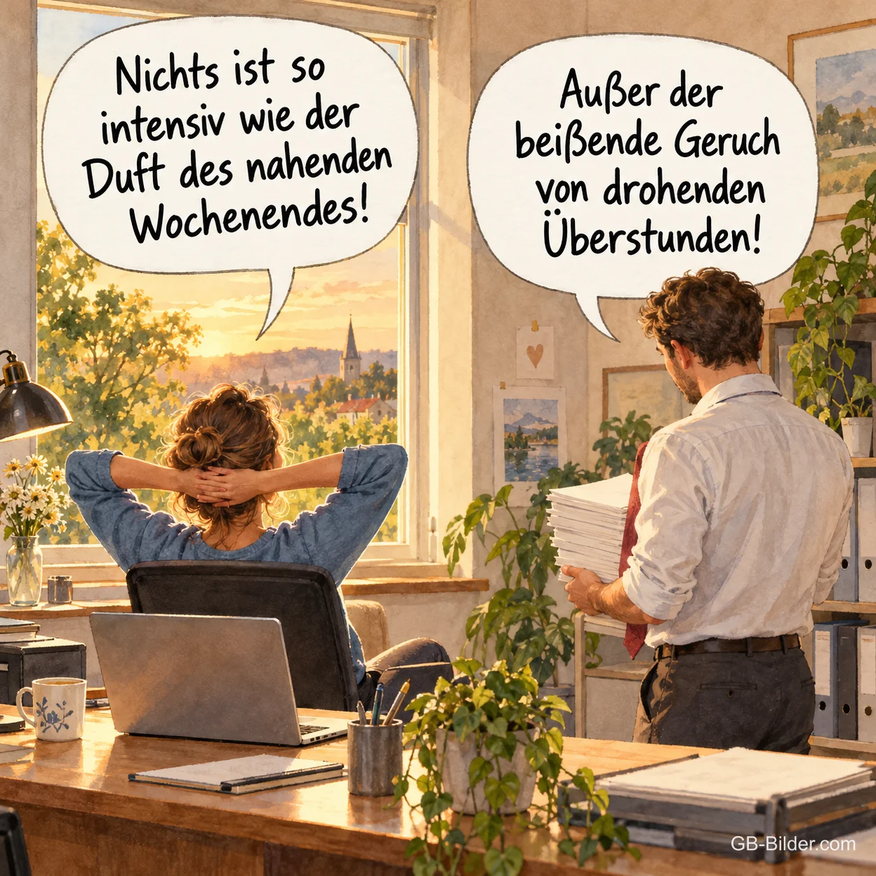 Frau lehnt sich im Büro zurück, Kollege bringt einen Stapel Akten, Text: Nichts ist so intensiv wie der Duft des nahenden Wochenendes! Außer der beißende Geruch von drohenden Überstunden!