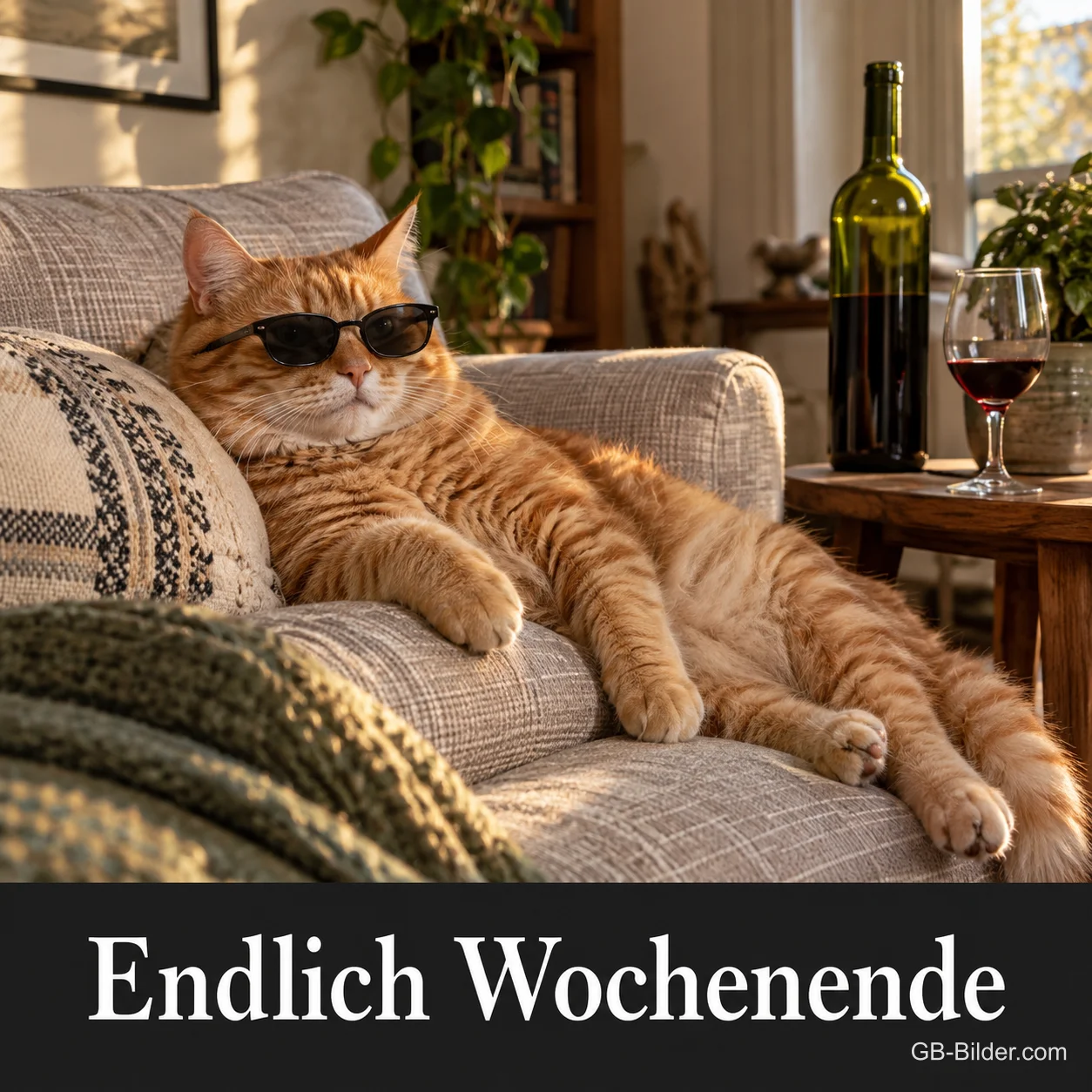 Rote Katze mit Sonnenbrille liegt entspannt auf dem Sofa neben Rotwein, Text: Endlich Wochenende