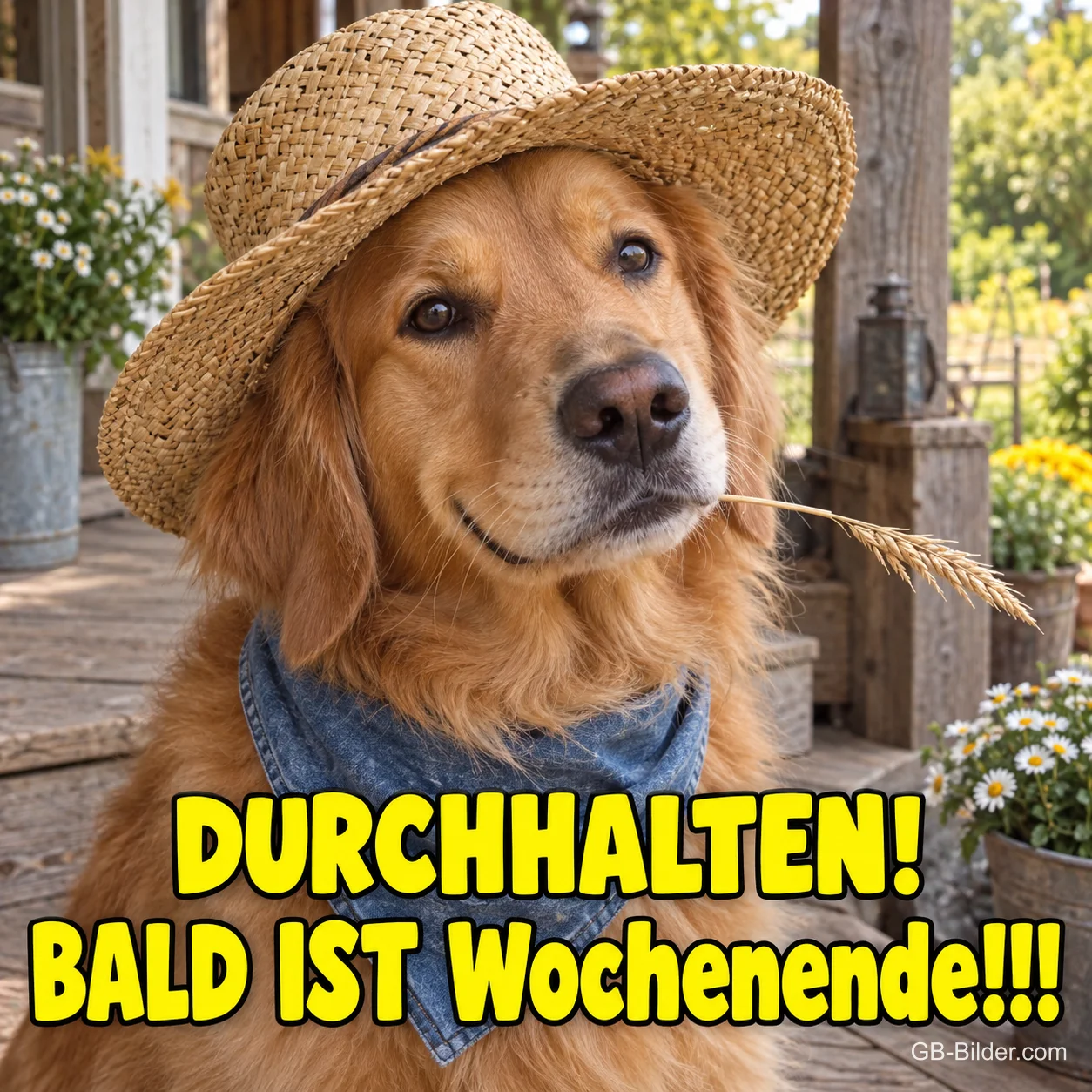 Golden Retriever mit Strohhut und Halstuch auf der Veranda, Text: DURCHHALTEN! BALD IST Wochenende!!!