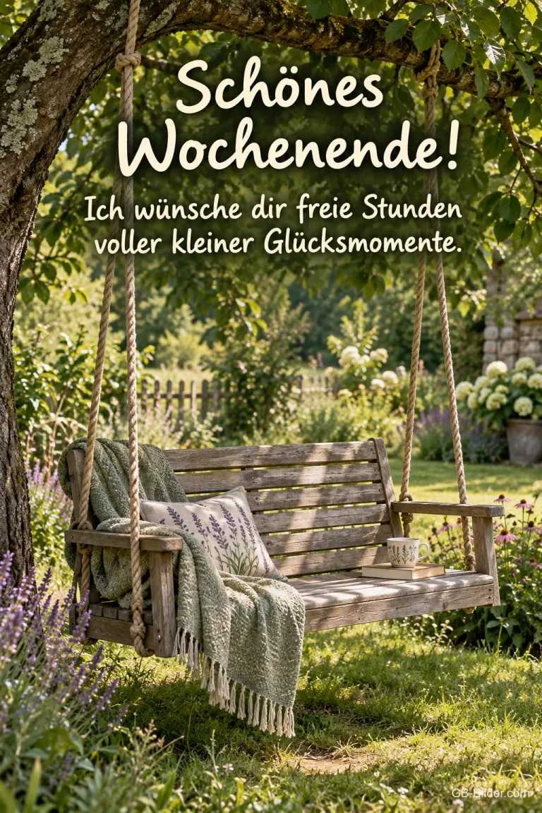 Gartenschaukel unter einem Baum, Text: Schönes Wochenende
