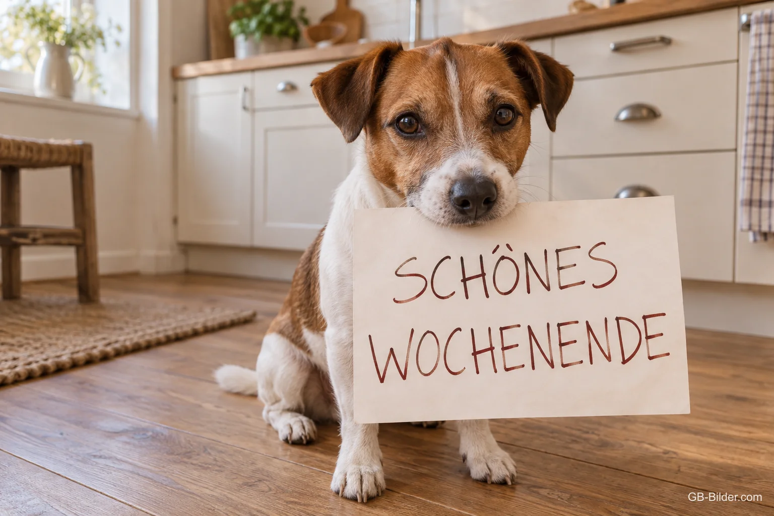 Jack Russell hält ein Schild in der Küche, Text: SCHÖNES WOCHENENDE
