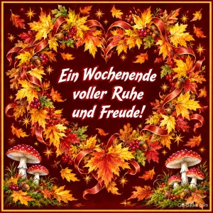 Kranz aus bunten Herbstblättern mit Fliegenpilzen und Beeren, Text: Ein Wochenende voller Ruhe und Freude!