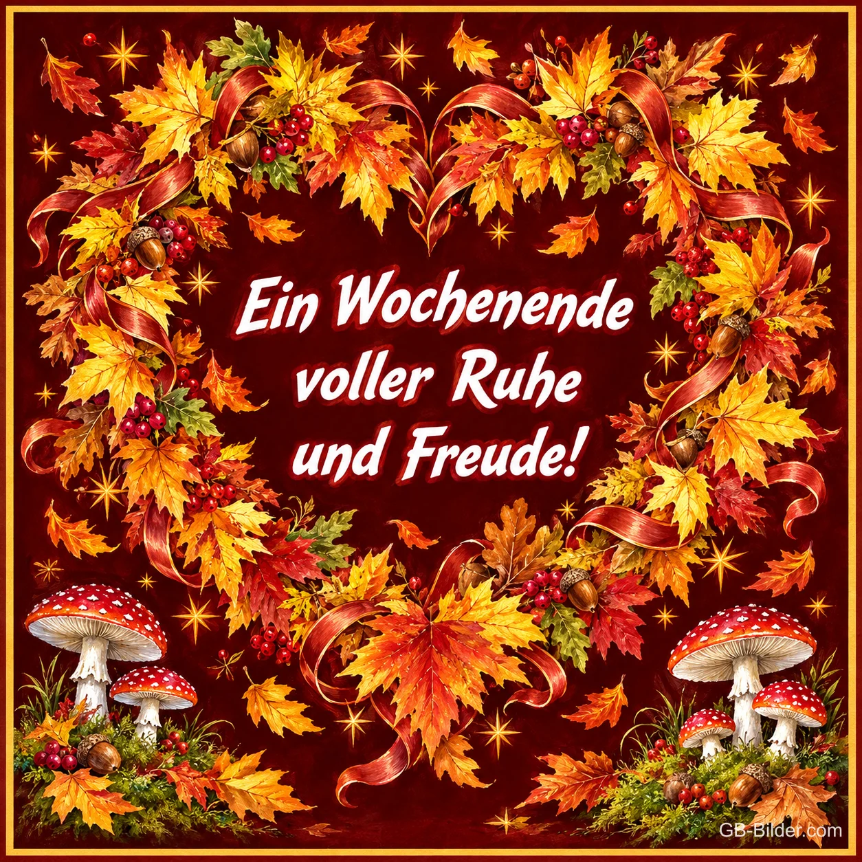 Kranz aus bunten Herbstblättern mit Fliegenpilzen und Beeren, Text: Ein Wochenende voller Ruhe und Freude!