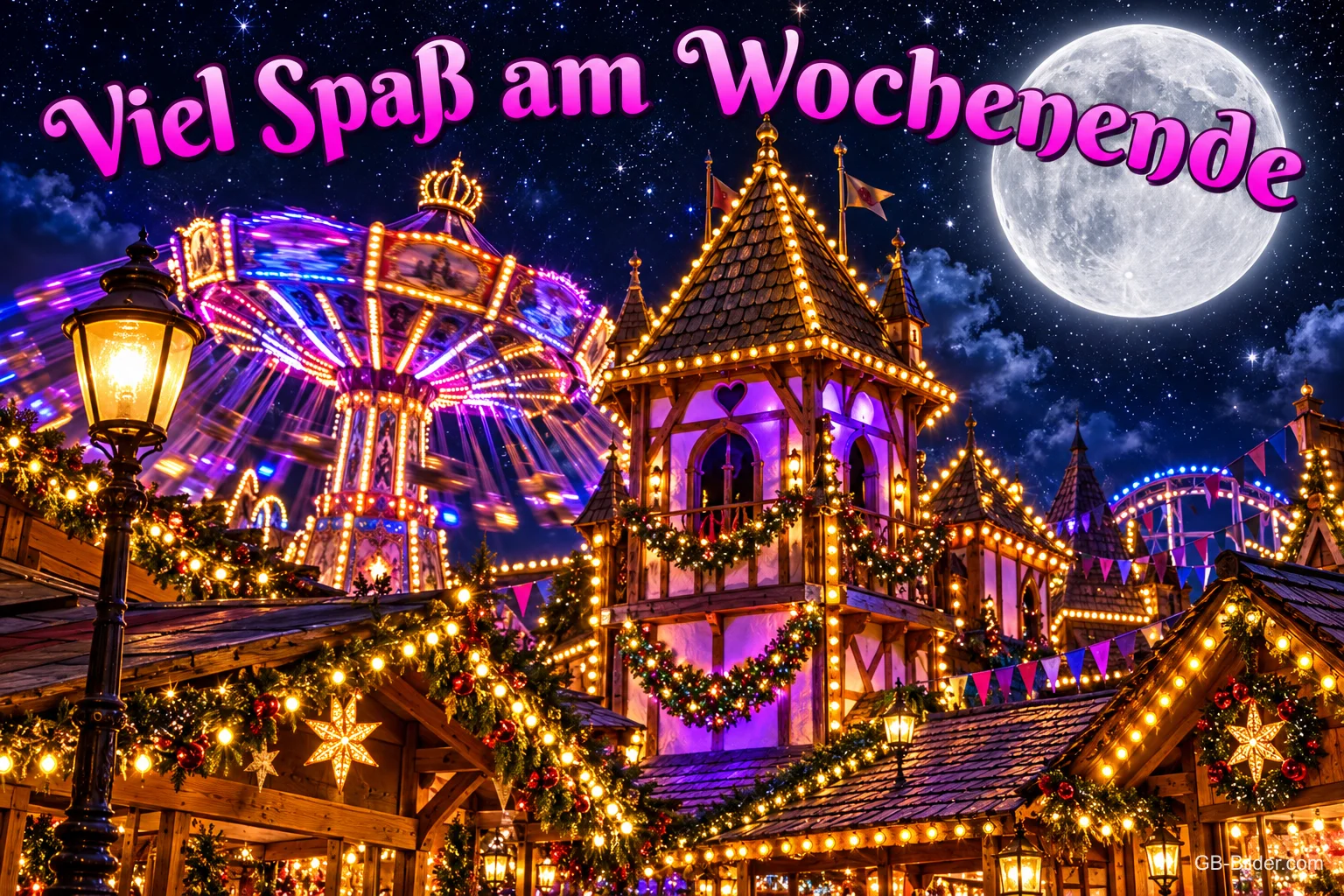 Bunt beleuchteter Jahrmarkt mit Karussell und Vollmond, Text: Viel Spaß am Wochenende