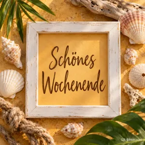 Weißer Holzrahmen zwischen Muscheln und Blättern, Text: Schönes Wochenende