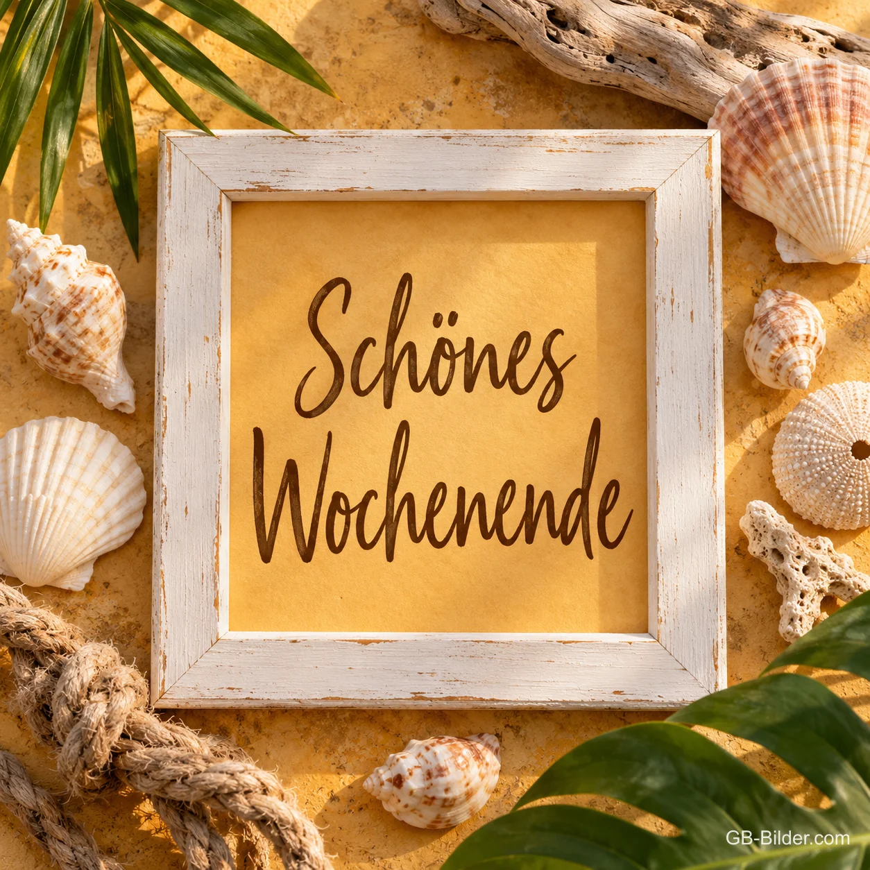Weißer Holzrahmen zwischen Muscheln und Blättern, Text: Schönes Wochenende