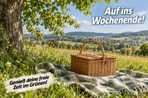 Picknick unter einem Baum, Text: Auf ins Wochenende