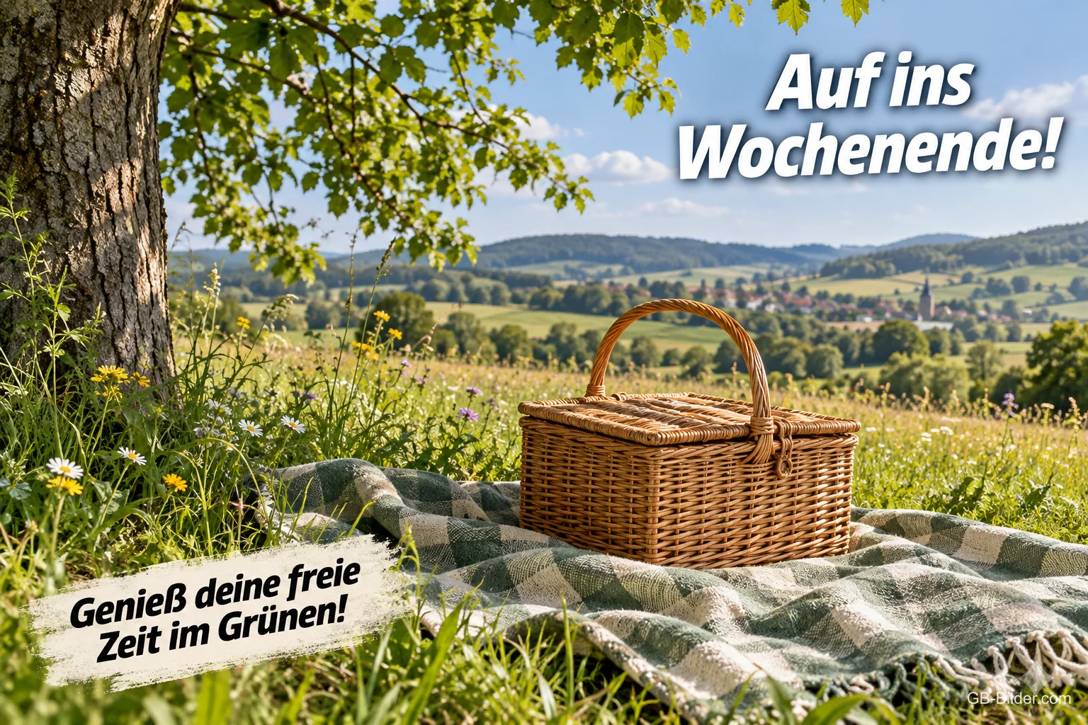 Picknick unter einem Baum, Text: Auf ins Wochenende