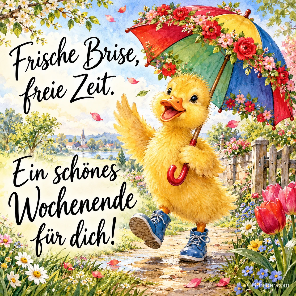 Küken mit buntem Blumenschirm und blauen Turnschuhen spaziert durch einen Garten, Text: Frische Brise, freie Zeit. Ein schönes Wochenende für dich!