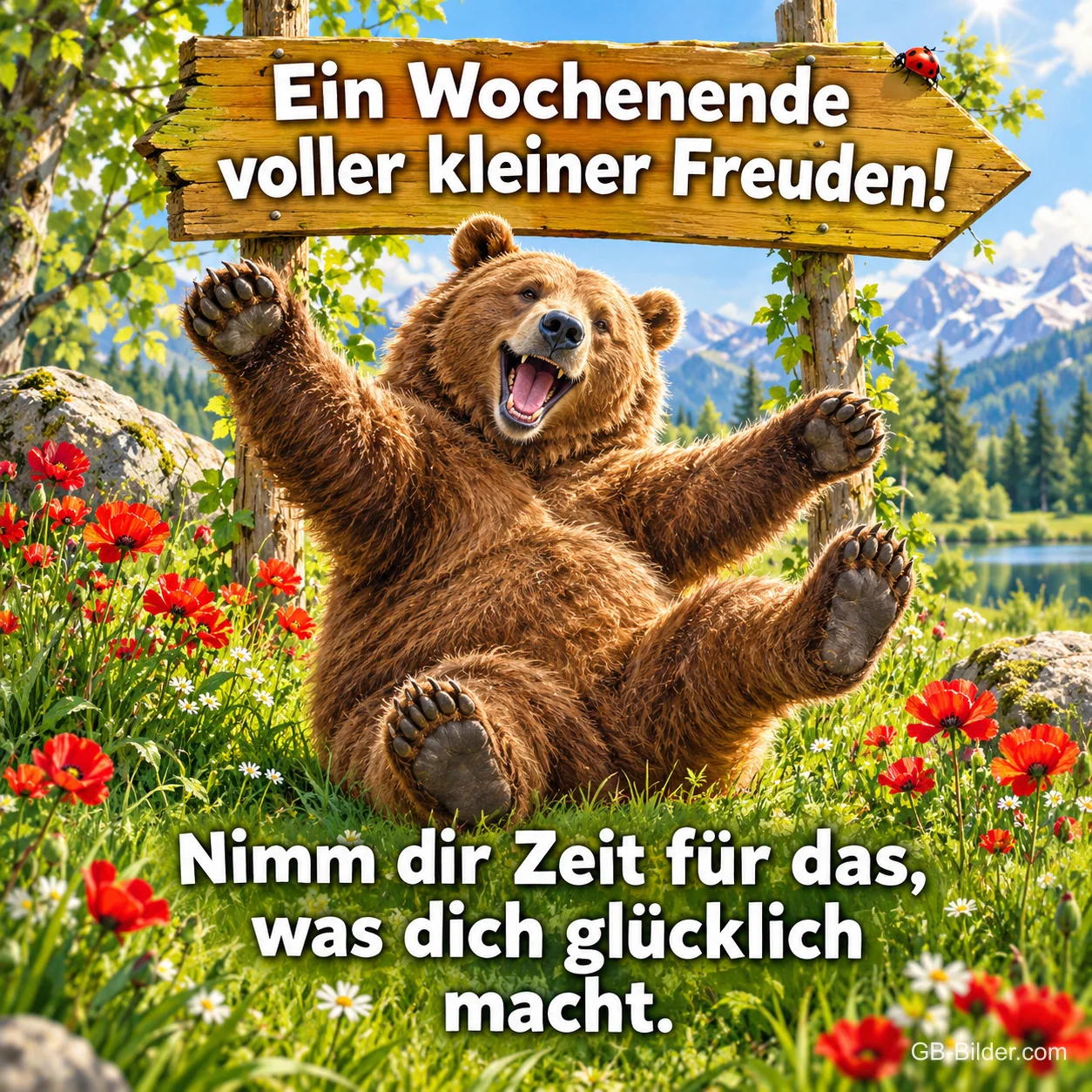 Bär sitzt jubelnd unter einem Wegweiser in einer Mohnwiese, Text: Ein Wochenende voller kleiner Freuden! Nimm dir Zeit für das, was dich glücklich macht.