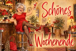 Fröhliche ältere Dame im roten Kleid prostet mit Cocktail an einer Bar, Text: Schönes Wochenende