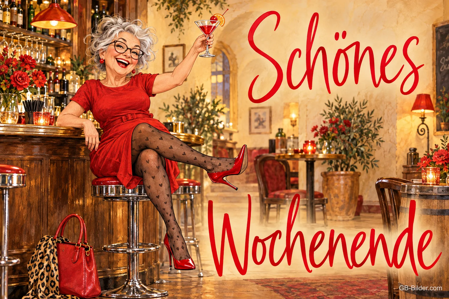 Fröhliche ältere Dame im roten Kleid prostet mit Cocktail an einer Bar, Text: Schönes Wochenende
