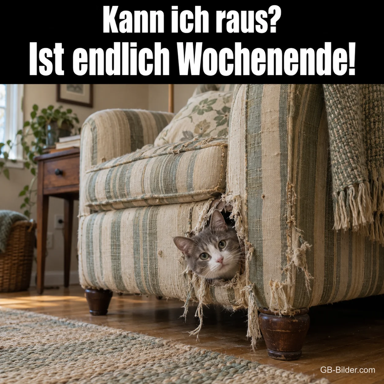 Katze schaut aus einem Loch im zerkratzten Sessel, Text: Kann ich raus? Ist endlich Wochenende!