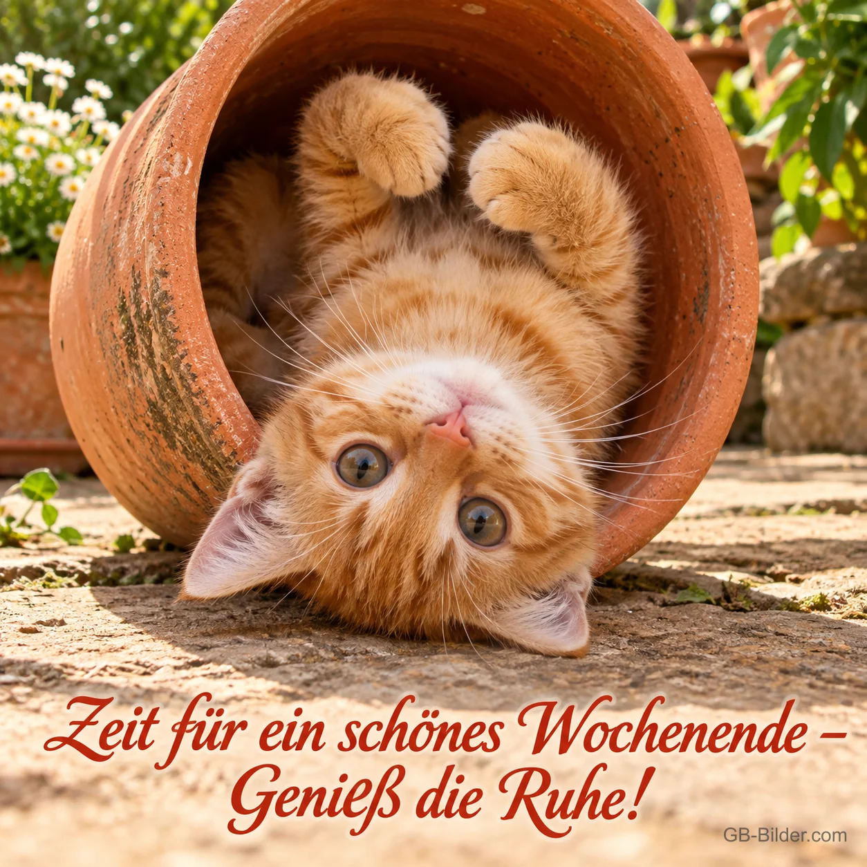 Rotes Kätzchen liegt rücklings in einem umgekippten Tontopf, Text: Zeit für ein schönes Wochenende – Genieß die Ruhe!