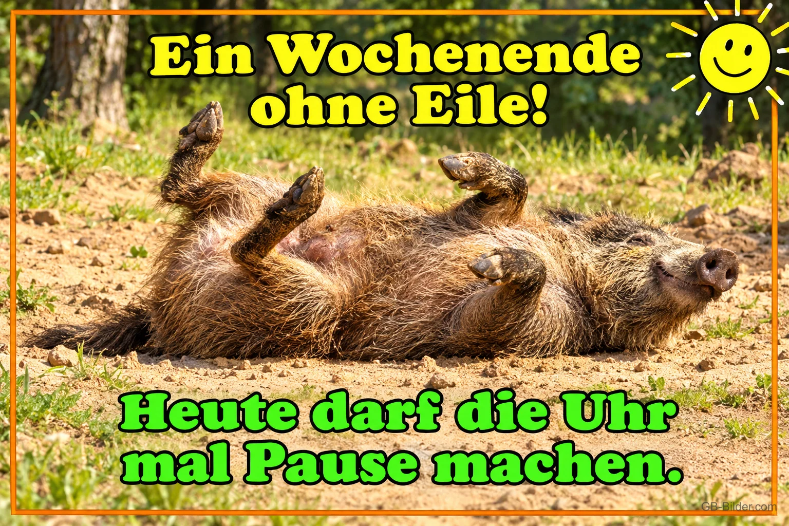 Wildschwein wälzt sich entspannt auf dem Rücken im Sand, Text: Ein Wochenende ohne Eile! Heute darf die Uhr mal Pause machen.