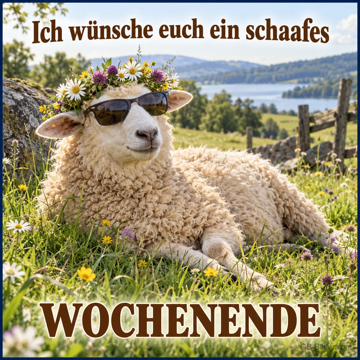 Schaf mit Sonnenbrille und Blumenkranz liegt auf einer Wiese, Text: Ich wünsche euch ein schaafes WOCHENENDE