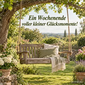Gartenschaukel unter einem Baum, Text: Ein Wochenende voller kleiner Glücksmomente