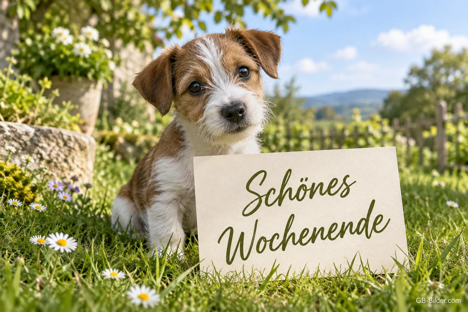 Jack-Russell-Welpe sitzt neben einem Schild auf der Wiese, Text: Schönes Wochenende