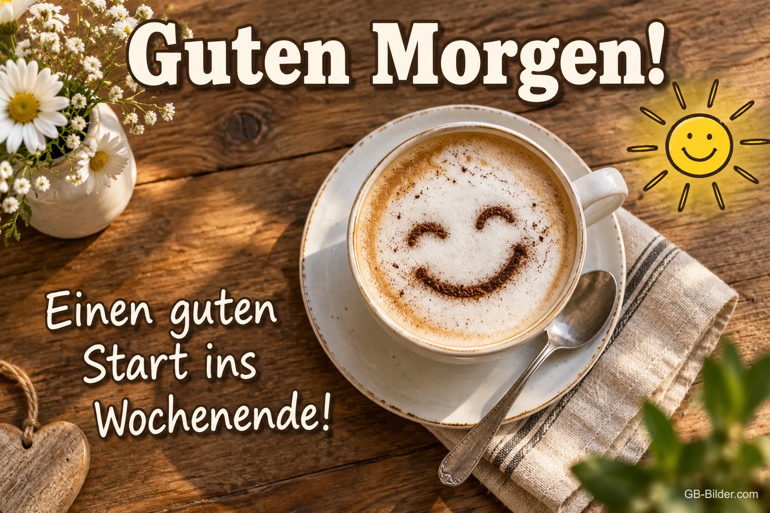 Cappuccino mit Smiley im Milchschaum auf einem Holztisch, Text: Guten Morgen! Einen guten Start ins Wochenende!