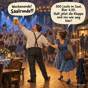 Mann hebt einen Bierkrug im vollen Festsaal, seine Frau zieht ihn weg, Text: Wochenende! Saalrunde!!! – 300 Leute im Saal, Bier 4,50. Halt jetzt die Klappe und nix wie weg hier!