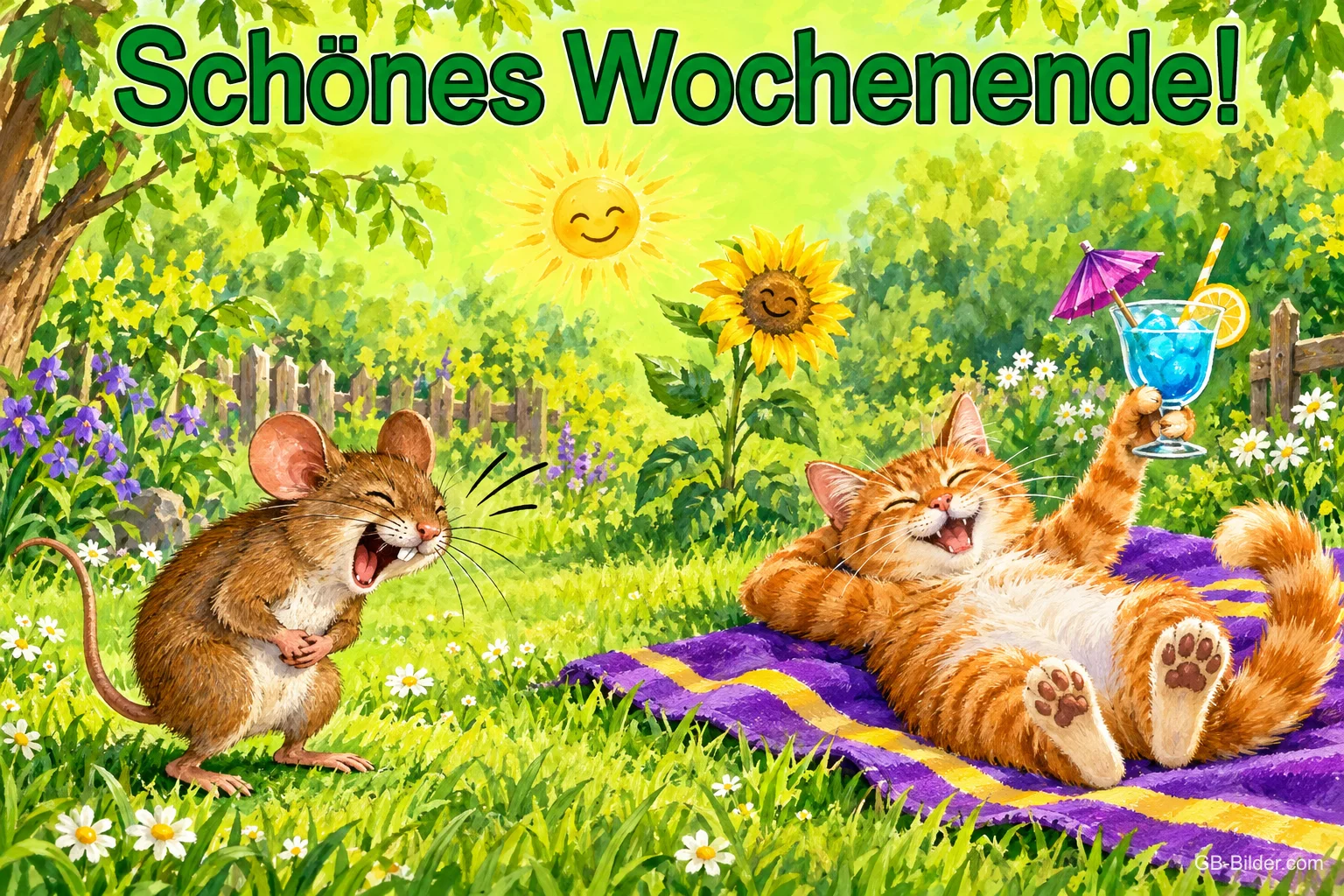 Lachende Maus und Katze mit Cocktail entspannen auf einer Decke in der Sonne, Text: Schönes Wochenende!