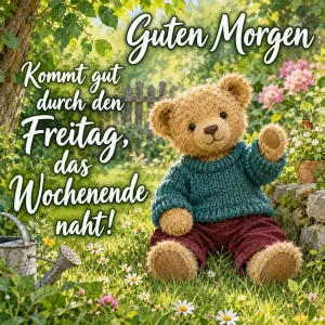 Teddybär im Pullover winkt im Blumengarten, Text: Guten Morgen – Kommt gut durch den Freitag, das Wochenende naht!