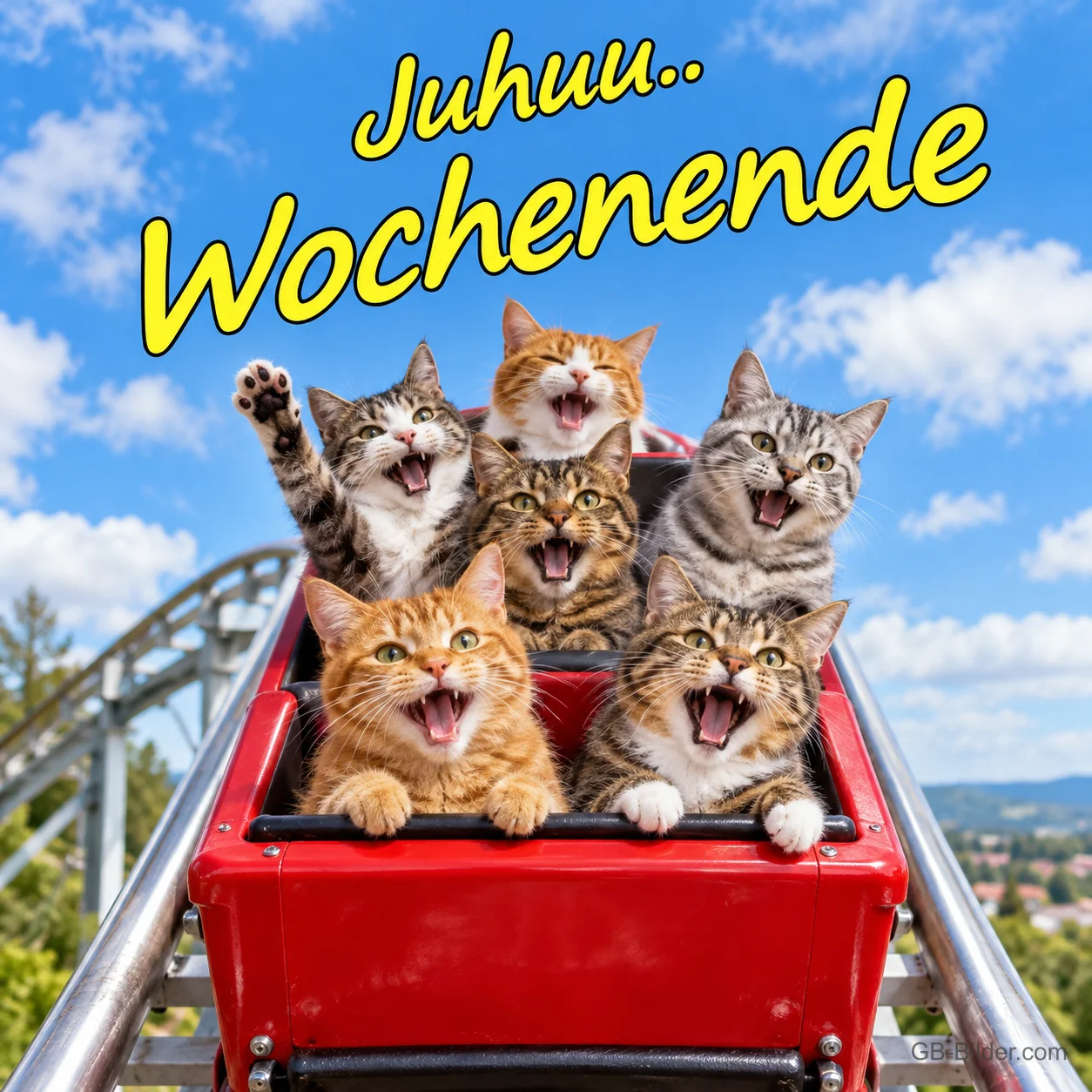 Fünf jubelnde Katzen fahren Achterbahn, Text: Juhuu.. Wochenende Fünf jubelnde Katzen fahren Achterbahn, Text: Juhuu.. Wochenende